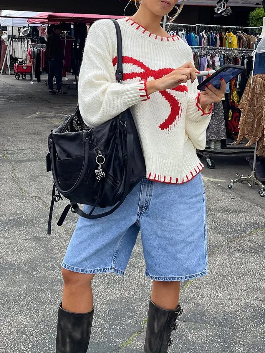 thanksgiving outfit JazzHer New Fashion Women Comfy Sweaters Casual Warm Bow Print Long Sleeve Pullover Basic Knitwear For Fall Streetwear Hot Sale S M L