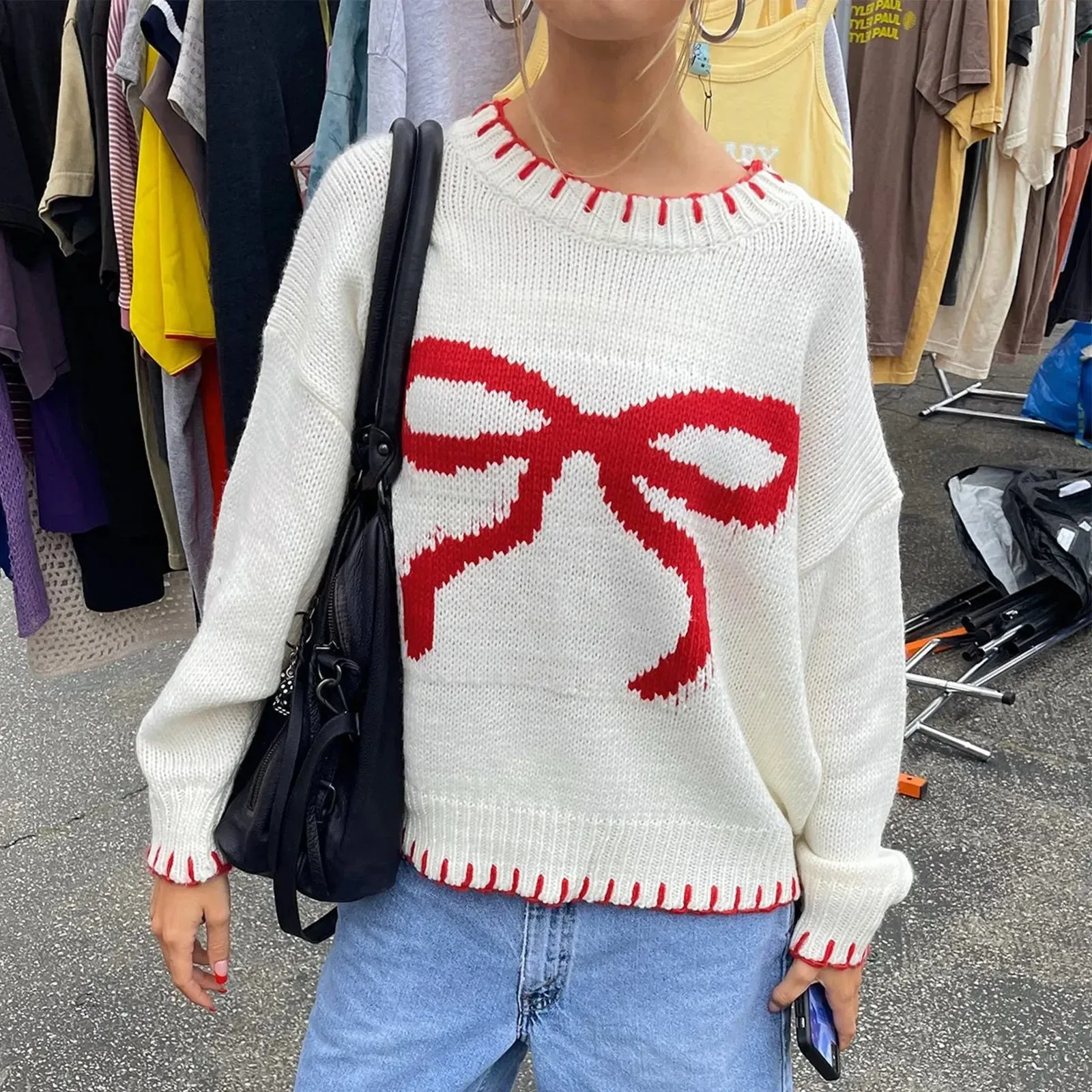 thanksgiving outfit JazzHer New Fashion Women Comfy Sweaters Casual Warm Bow Print Long Sleeve Pullover Basic Knitwear For Fall Streetwear Hot Sale S M L
