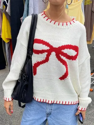 thanksgiving outfit JazzHer New Fashion Women Comfy Sweaters Casual Warm Bow Print Long Sleeve Pullover Basic Knitwear For Fall Streetwear Hot Sale S M L