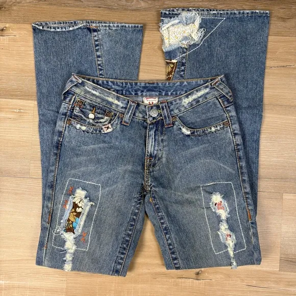 True Religion Low Rise Distressed Flare Jeans, Size 27
