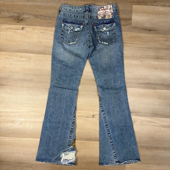 True Religion Low Rise Distressed Flare Jeans, Size 27