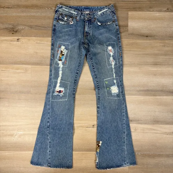 True Religion Low Rise Distressed Flare Jeans, Size 27