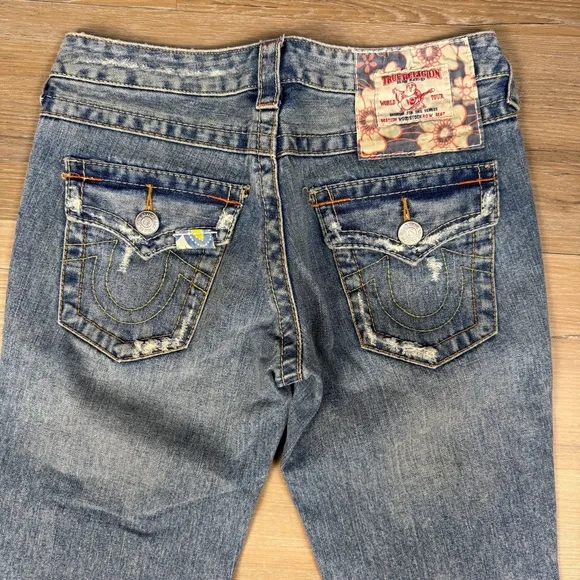 True Religion Low Rise Distressed Flare Jeans, Size 27