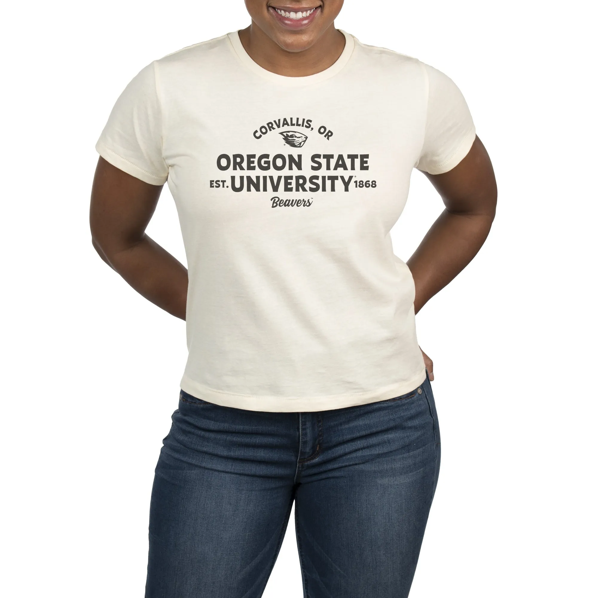 USCAPE Oregon State University Banner High Waisted Tee, Vintage White