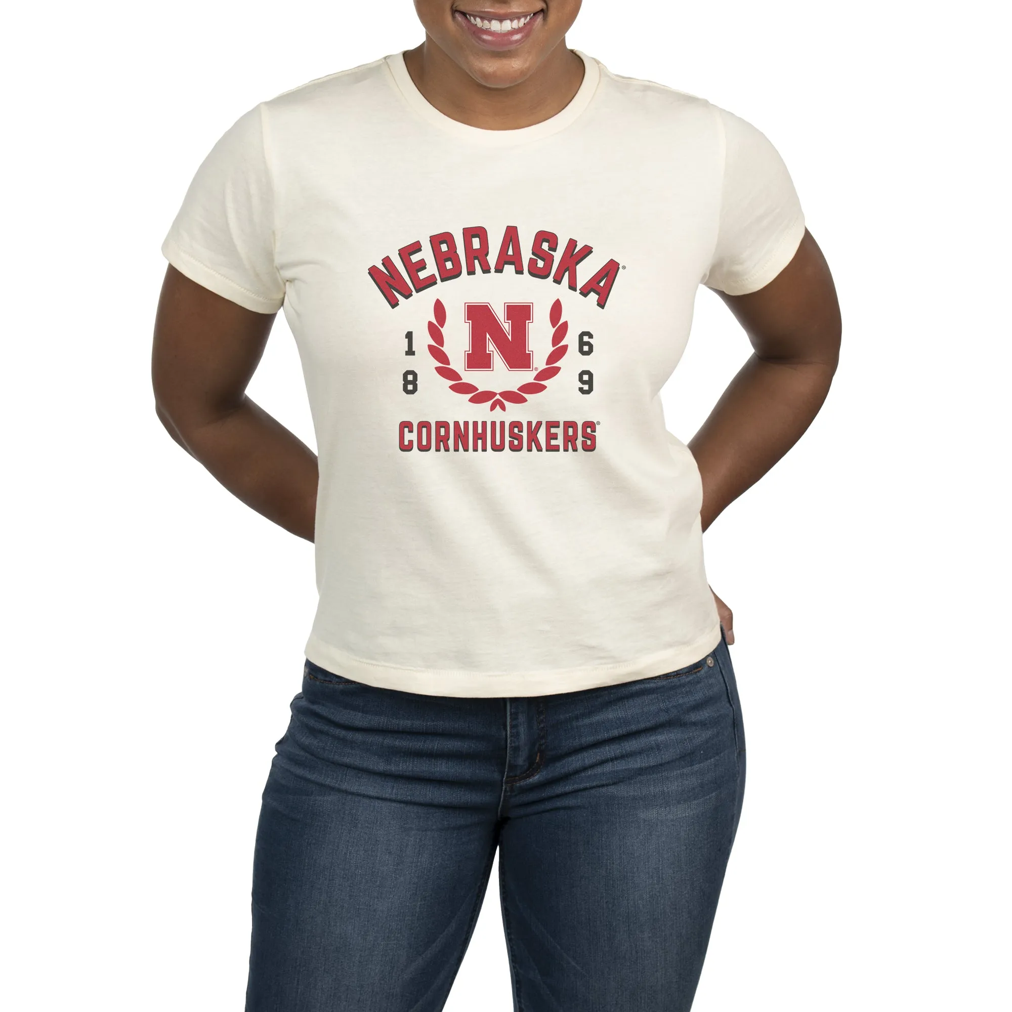 USCAPE University of Nebraska Academy High Waisted Tee, Vintage White