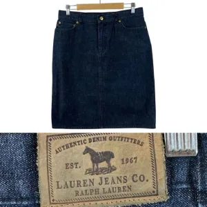 Vintage Ralph Lauren 12 Jean Skirt Denim Dark Blue Cotton Knee Length Womens