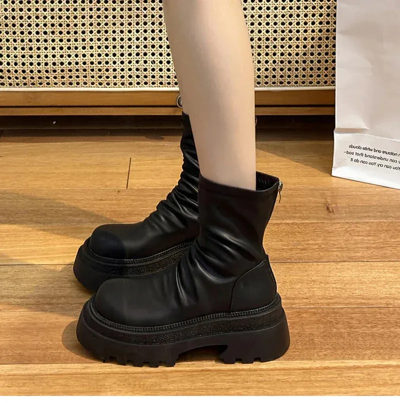 VougeVamp Platform Heel Ankle Booties – Retro Style Short Boots with Back Zipper
