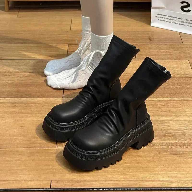 VougeVamp Platform Heel Ankle Booties – Retro Style Short Boots with Back Zipper