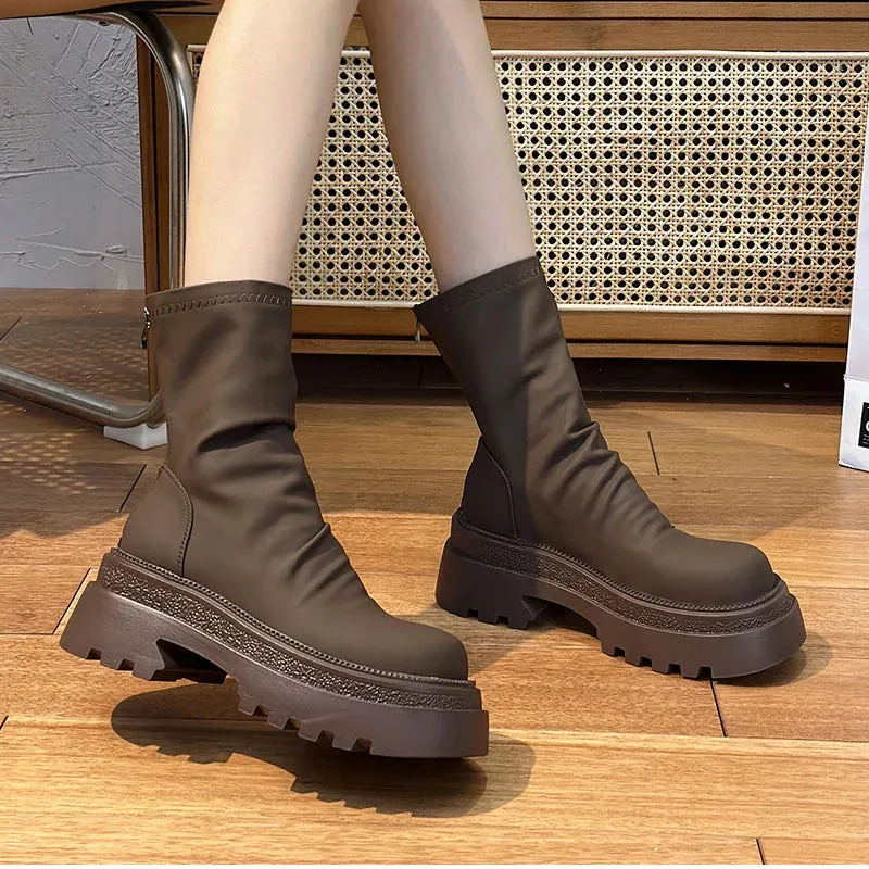 VougeVamp Platform Heel Ankle Booties – Retro Style Short Boots with Back Zipper