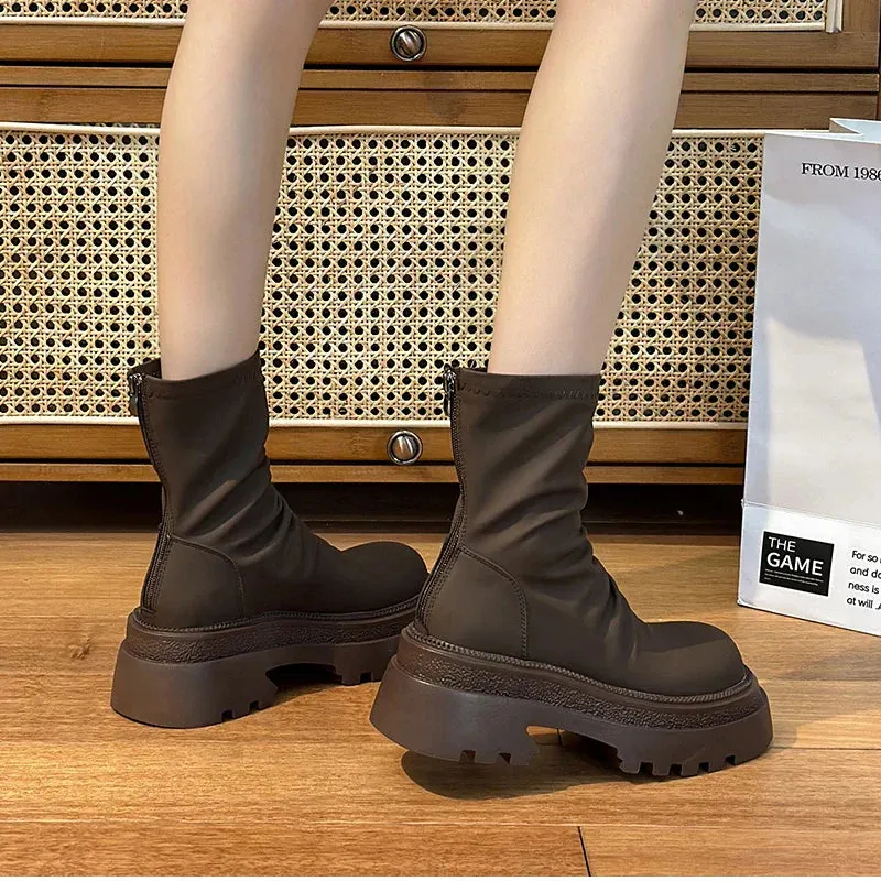 VougeVamp Platform Heel Ankle Booties – Retro Style Short Boots with Back Zipper