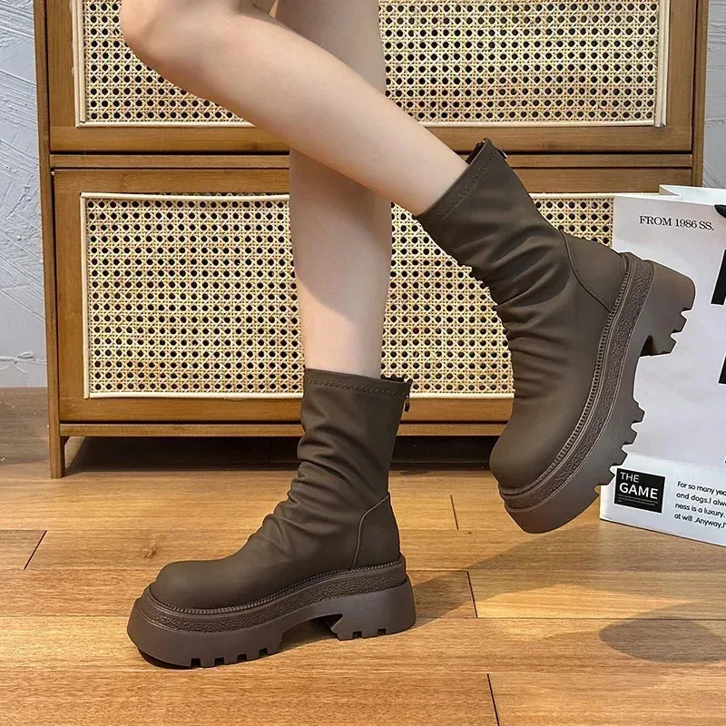 VougeVamp Platform Heel Ankle Booties – Retro Style Short Boots with Back Zipper