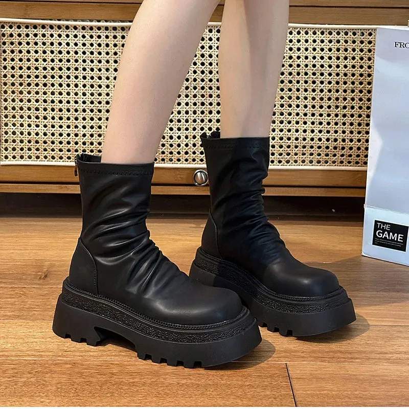 VougeVamp Platform Heel Ankle Booties – Retro Style Short Boots with Back Zipper