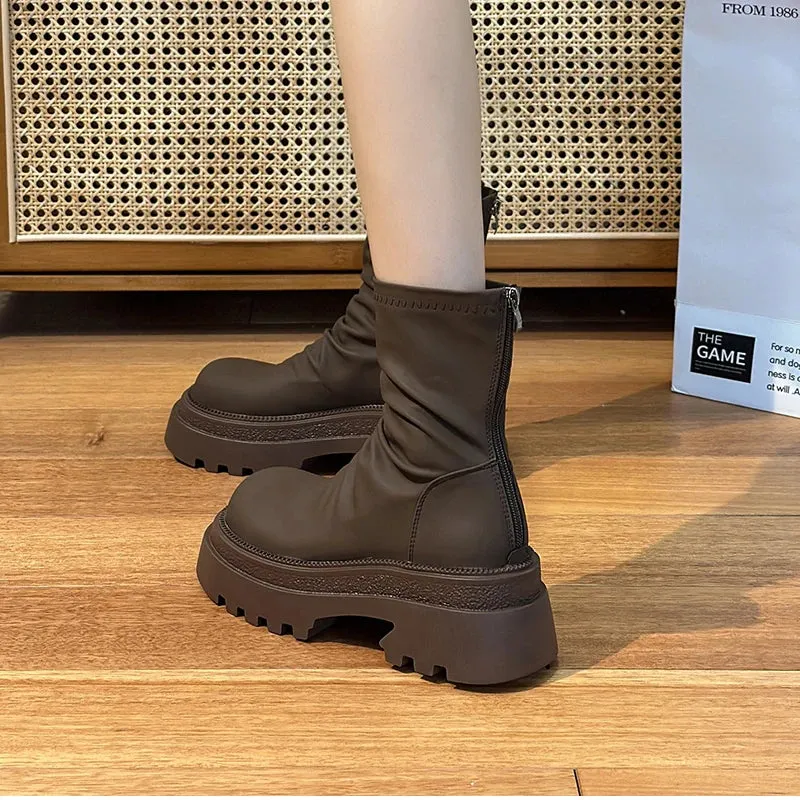 VougeVamp Platform Heel Ankle Booties – Retro Style Short Boots with Back Zipper