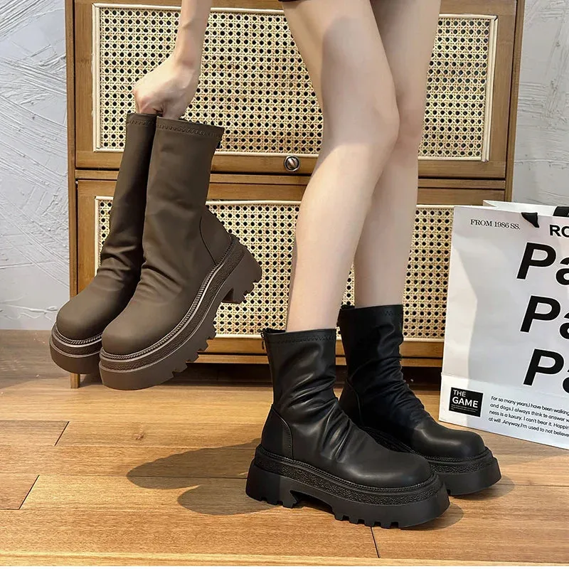 VougeVamp Platform Heel Ankle Booties – Retro Style Short Boots with Back Zipper
