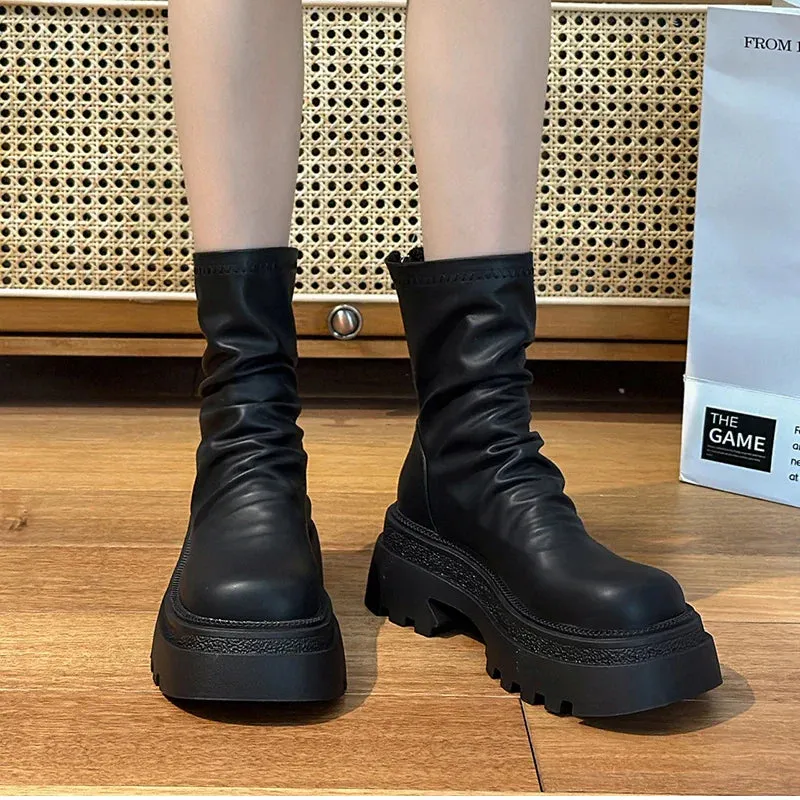 VougeVamp Platform Heel Ankle Booties – Retro Style Short Boots with Back Zipper