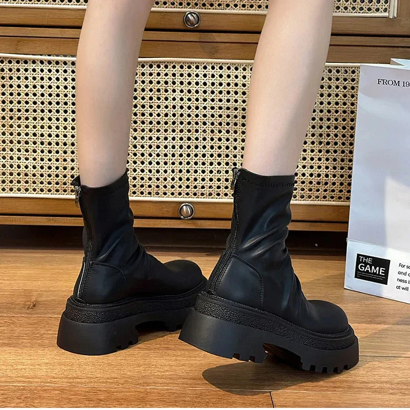 VougeVamp Platform Heel Ankle Booties – Retro Style Short Boots with Back Zipper