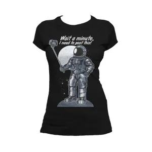Weird Science Selfie Astronaut Official Ladies T-shirt (Black)
