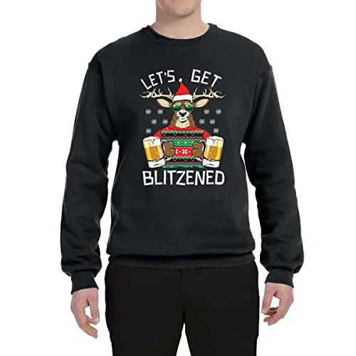 Wild Bobby Lets Get Blitzened Deer With Beer Christmas Unisex Crewneck Graphic Sweatshirt, Black, Medium