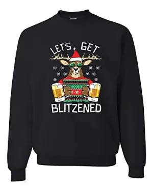 Wild Bobby Lets Get Blitzened Deer With Beer Christmas Unisex Crewneck Graphic Sweatshirt, Black, Medium