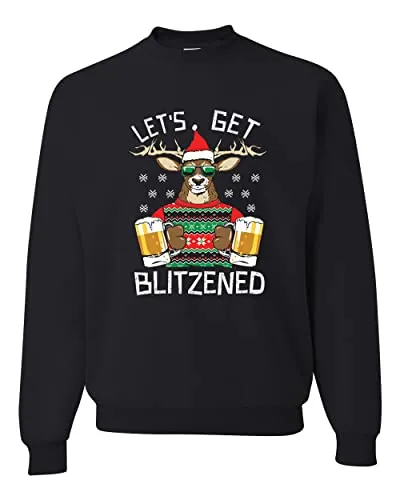 Wild Bobby Lets Get Blitzened Deer With Beer Christmas Unisex Crewneck Graphic Sweatshirt, Black, Medium