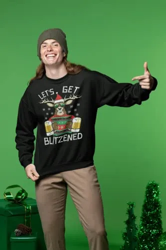 Wild Bobby Lets Get Blitzened Deer With Beer Christmas Unisex Crewneck Graphic Sweatshirt, Black, Medium