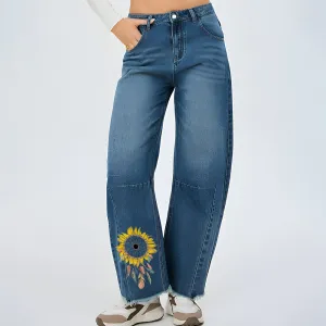 Women Dreamcatcher Sunflower Graphic Baggy Straight Leg Jean
