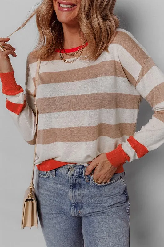 Women Striped Round Neck Drop Shoulder Sweater