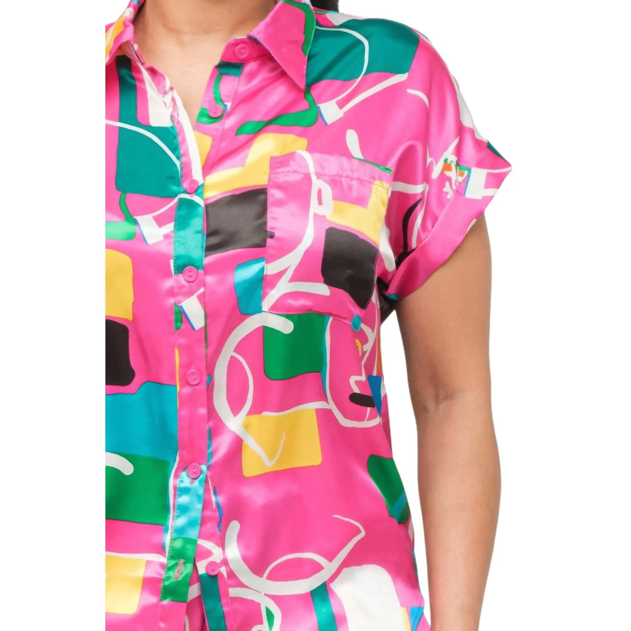 Women's Satin Dolman Top and Shorts Set - Bold Pink Print