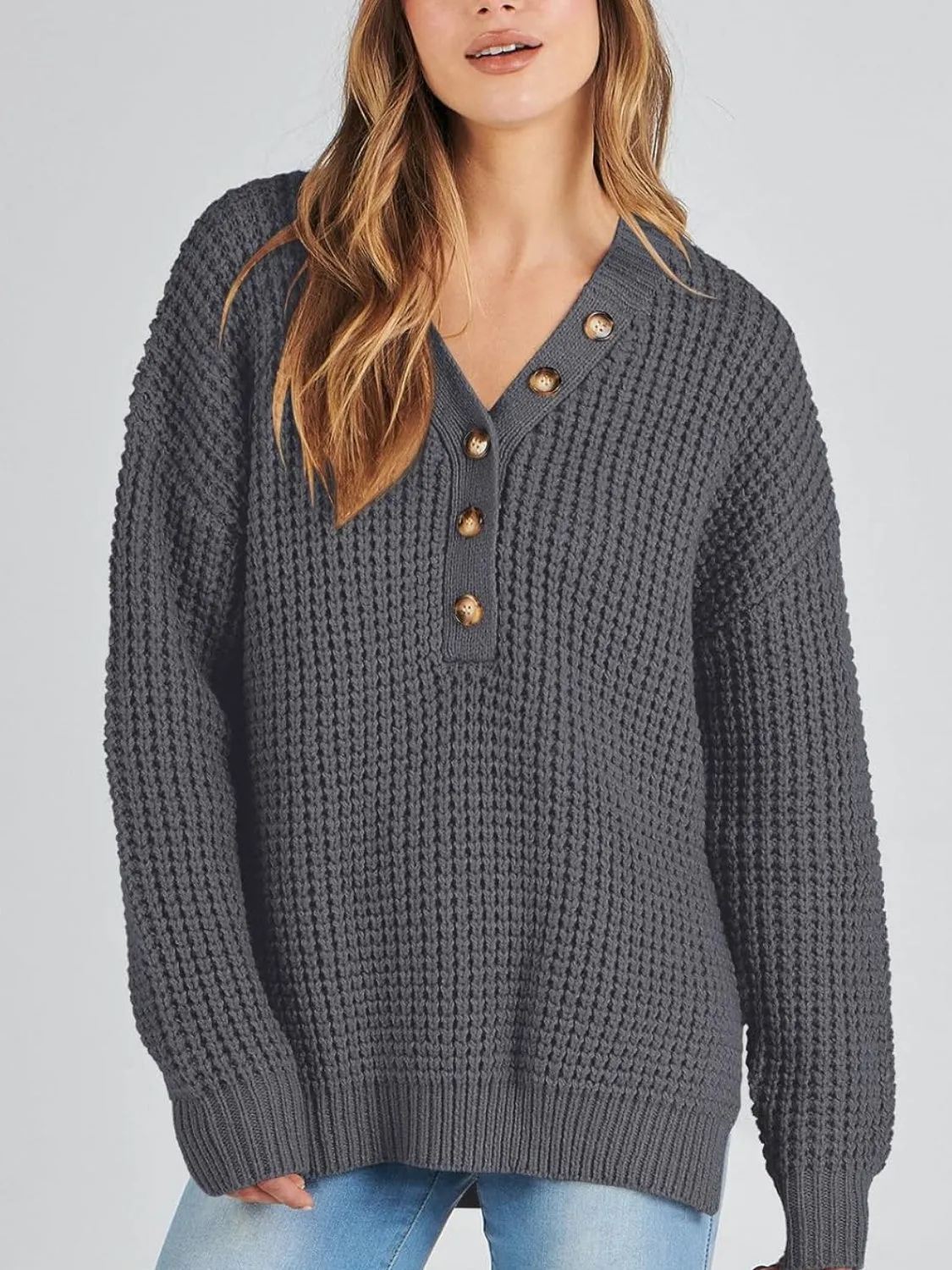 Women's Waffle Side Slit Knit Sweater (Buy 2 Free Shipping)
