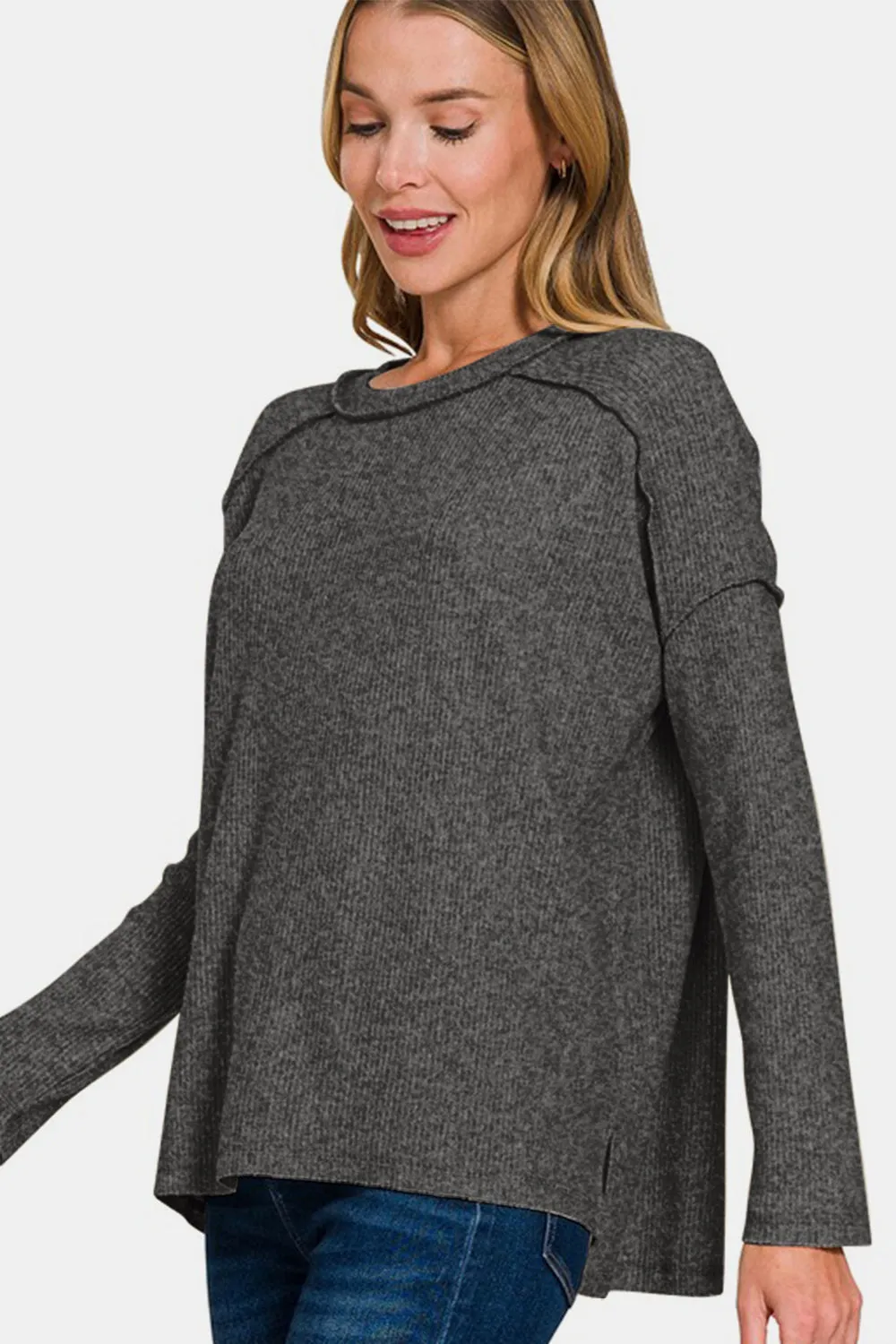 Zenana Exposed Seam Brushed Round Neck Sweater