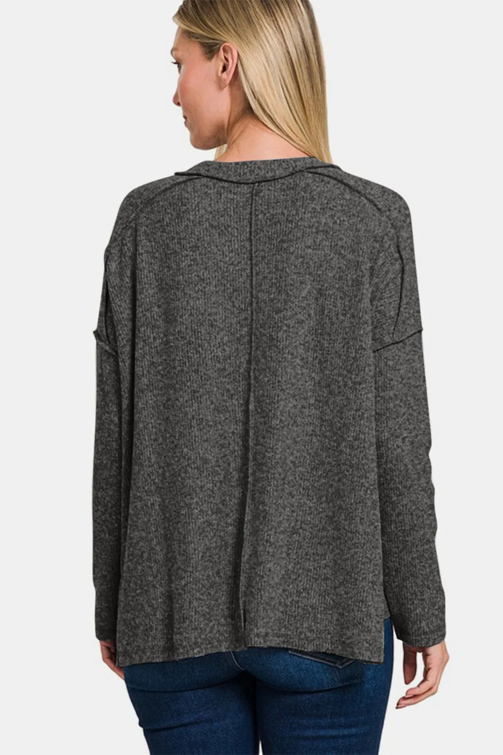 Zenana Exposed Seam Brushed Round Neck Sweater